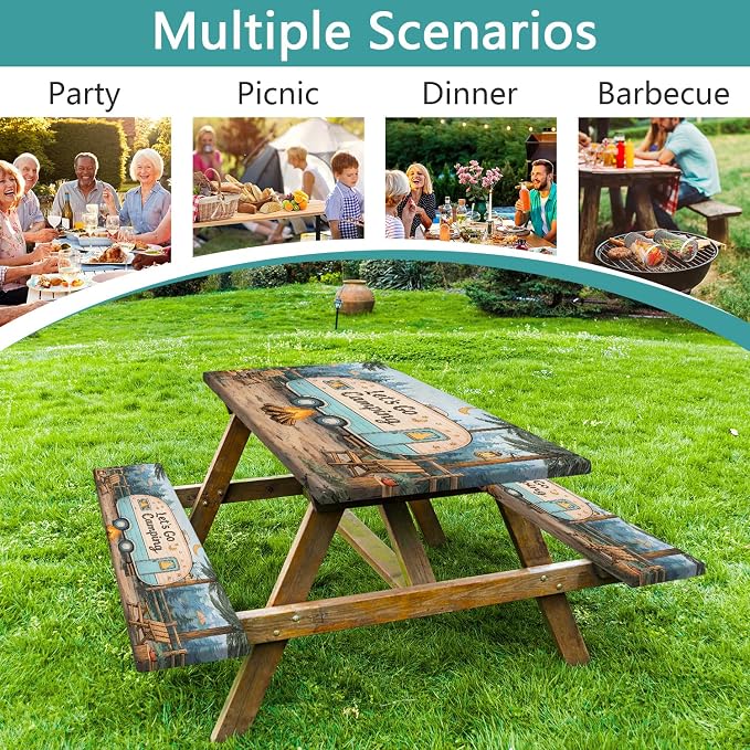 Fitted Picnic Table Cover with Bench Covers and Bag, Forest RV Campfire Tent Waterproof Windproof Outdoor Tablecloth with Elastic Edges for Indoor & Outdoor, Garden, Camping, 3 PCS 30x72 Inch