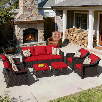 7 Pieces Patio Conversation Furniture Set - 1 Sofa, 2 Ottomans, 4 Armchairs, Outdoor Wicker Furniture with Removable Cushions for Porch, Balcony, Sunroom (Red)