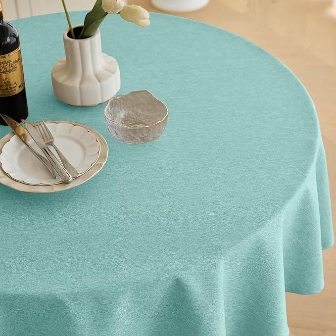 Decorelia Waterproof Round Tablecloth for Round Dining Table, Decorative Rustic Soft Wipeable Table Cloths Cover Indoor Outdoor Use for Holiday,Wedding, Kitchen (70 Inch,Round (4-6 Seats),Aqua)