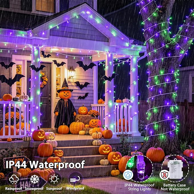 JMEXSUSS 2 Pack 66FT 200 LED Battery Operated Halloween Lights with Remote | Purple and Green Halloween Lights Indoor Outdoor, 8 Modes String Lights for Outside Yard Tree Front Porch Room House