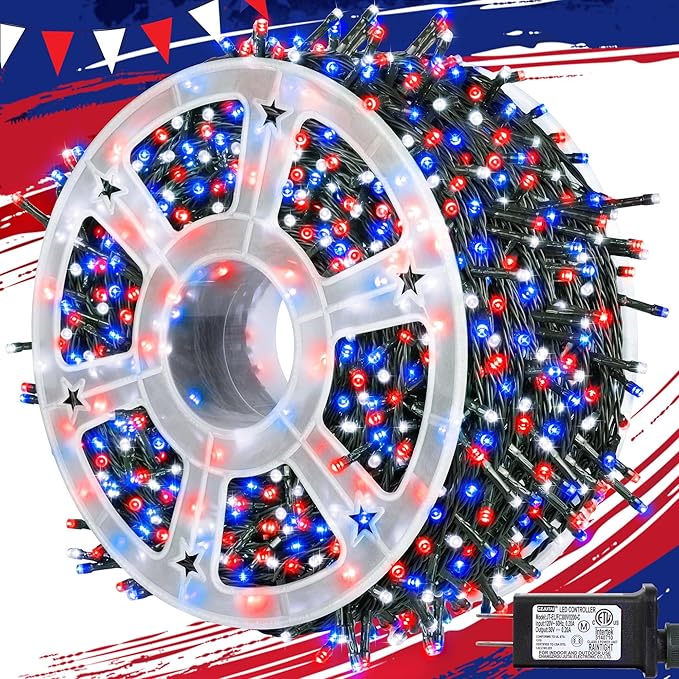 kemooie 4th of July Patriotic Decoration, 500 LED Red White and Blue Lights with 8 Modes, Outdoor Waterproof String Lights for Fourth of July, Memorial Day, Independence Day Decor