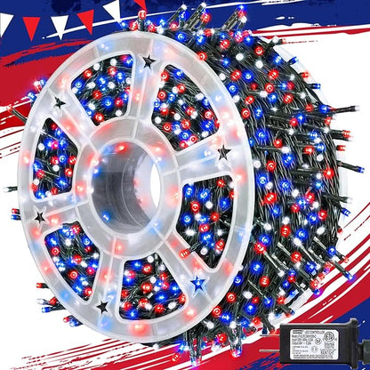 kemooie 4th of July Patriotic Decoration, 500 LED Red White and Blue Lights with 8 Modes, Outdoor Waterproof String Lights for Fourth of July, Memorial Day, Independence Day Decor