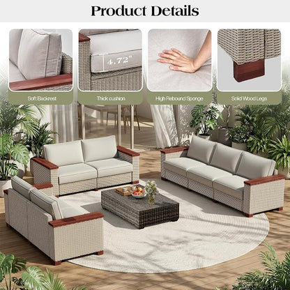 PaPaJet 6-Piece Wicker Patio Furniture Set with Solid Wood Armrest, Outdoor Patio Set with Thick Legs, UV-Resistant Modular Outdoor Sectional Sofa for Backyard, Porch, Garden