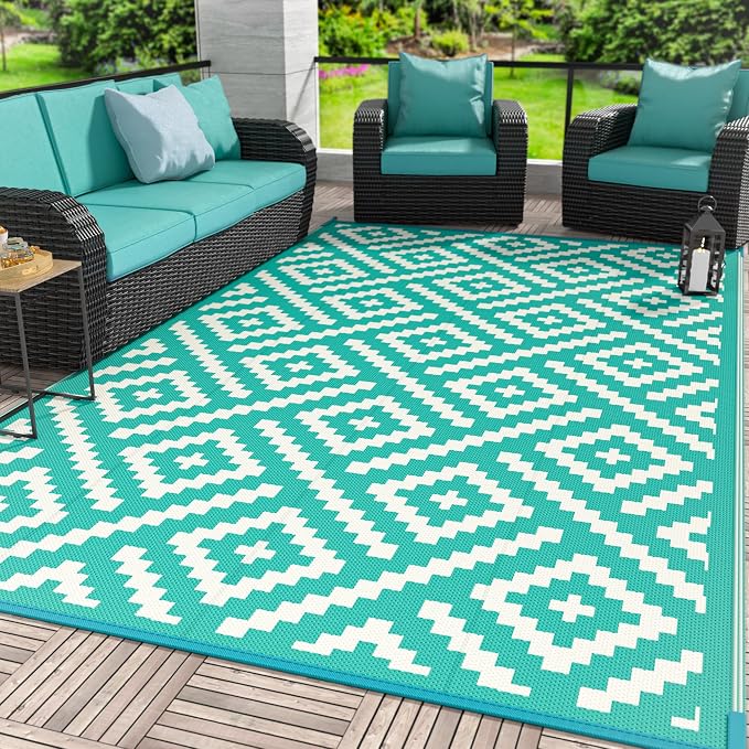 GENIMO Outdoor Rug, Waterproof Plastic Rugs for Patio, 6'x9' Lakegreen | Outside Larger Modern Carpet Mat for Porch Decor, Deck, Balcony, Camping, RV, Backyard, Picnic, Beach, Reversible, Foldable