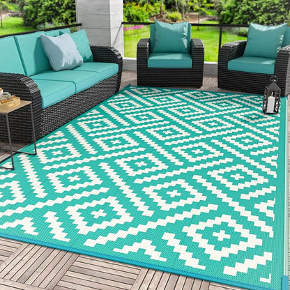 GENIMO Outdoor Rug, Waterproof Plastic Rugs for Patio, 6'x9' Lakegreen | Outside Larger Modern Carpet Mat for Porch Decor, Deck, Balcony, Camping, RV, Backyard, Picnic, Beach, Reversible, Foldable