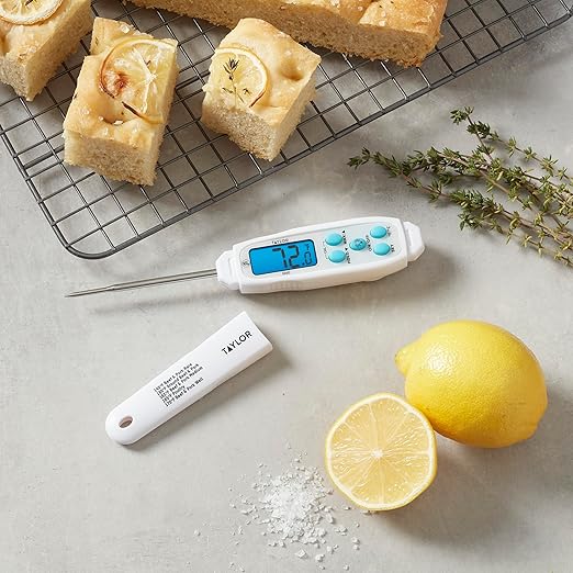 Taylor Digital Waterproof Meat Thermometer for Kitchen, Grill & BBQ, Blue Backlit Display, Narrow Step-Down Probe, Hold Function, NSF Certified, White