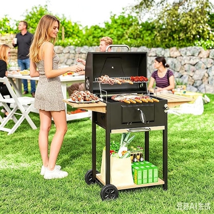 Portable Charcoal Grill with Foldable Side Shelf & Bottom Shelf, BBQ Smoker with Wheels and Adjustable Lid Vents for Picnic, Camping, Backyard Cooking (44.1" W x 20.5" D x 42.1" H)