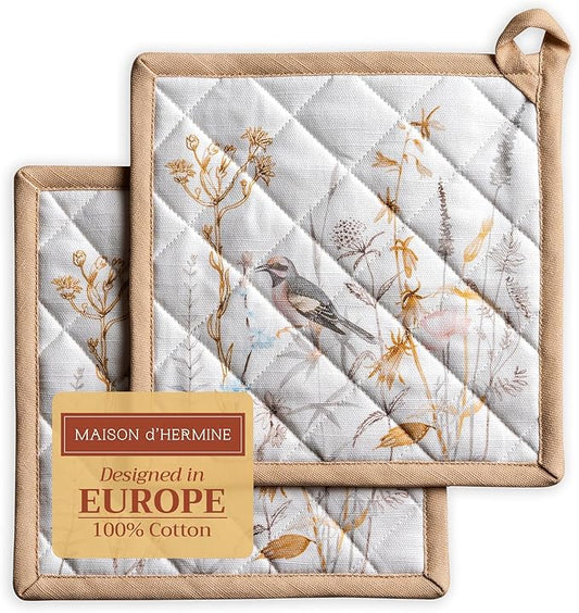 Maison d' Hermine Pot Holders 100% Cotton Heat Resistant Potholders 8" x 8" Hot Pads with Loop Baking Hotel Farmhouse Kitchen Handling Hot Pans Spring Summer (Pack of 2, Meadow Florals - Beige)
