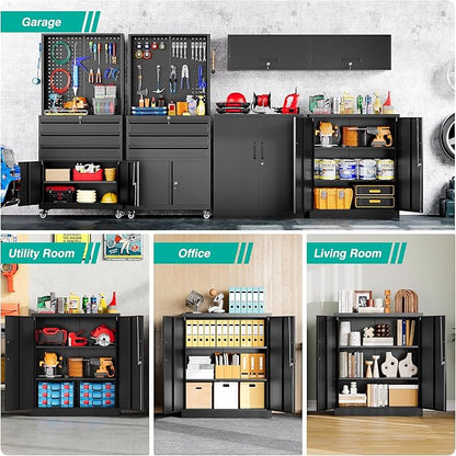 SISESOL 36 inch Metal Storage Cabinet with Doors and Shelves,Small Garage Storage Cabinet with Lock,Black Metal Cabinets with Locking Doors for Home,Office,Short Garage Cabinets