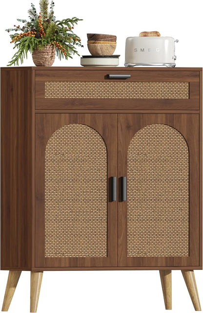 Keehusux Rattan Storage Cabinet with Drawer and 2 Doors, Walnut | Accent Sideboard Buffet Cabinet with Adjustable Shelf & Solid Wood Feets, Coffee Bar for Kitchen, Living Room, Entryway