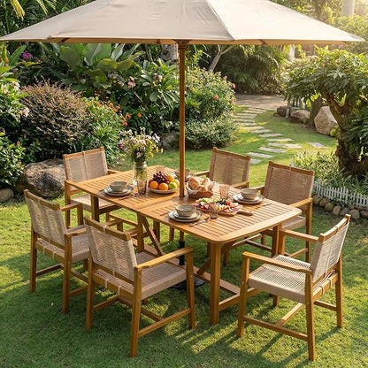 Acacia 7 Piece Outdoor Dining Set Extendable 63"-95" L Table with Umbrella Hole & 6 Handwoven Chairs - All-Weather Use, Easy Assembly Patio Furniture Set for Deck, Garden - Natural (Set for 6-8)