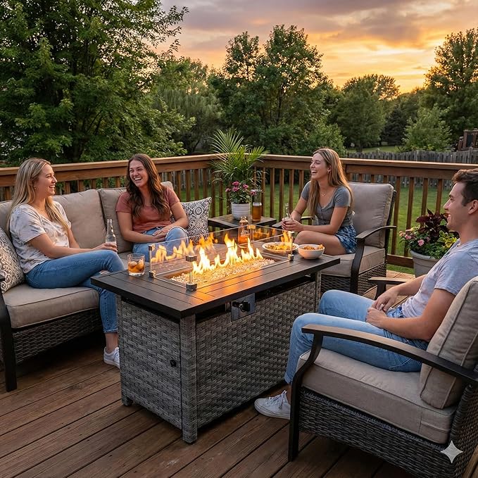 44" Fire Pit Table with Wind Guard for Outdoor, Auto-Ignition Propane Gas Firepits Rattan Rectangular Table for Outside Patio 60,000 BTU, Gray