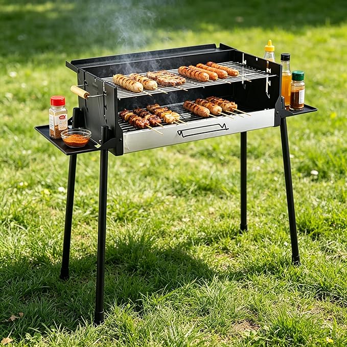 Large Charcoal Grill Foldable Barbecue Grills with Storage Shelf & Adjustable Air Vents 40.55" x 17.32" x 32.68" BBQ Grill for Parties, Beach, Camping & Picnics Black