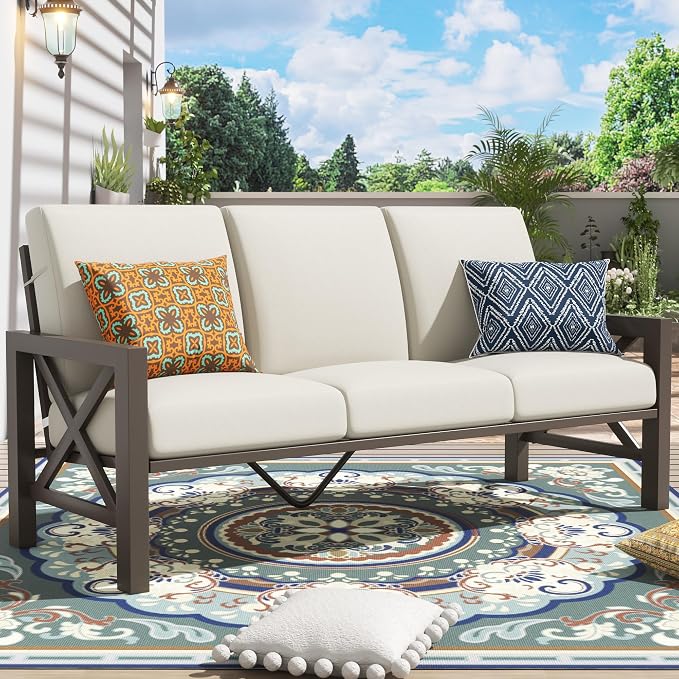 NATURAL EXPRESSIONS 4 Pieces Patio Furniture Set, Outdoor Furniture Sofa Sectional Modern Metal Patio Conversation Set with High Back Backrest & 3 Seater Loveseat and 2 Fixed Chairs
