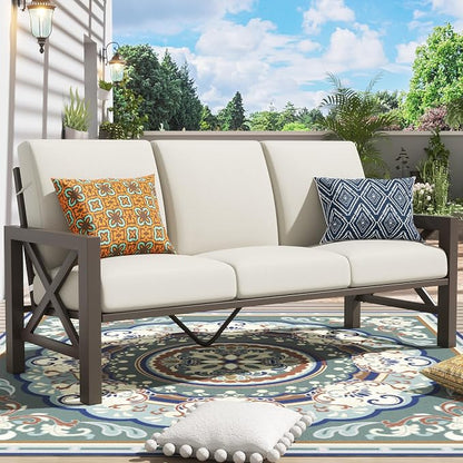 NATURAL EXPRESSIONS 4 Pieces Patio Furniture Set, Outdoor Furniture Sofa Sectional Modern Metal Patio Conversation Set with High Back Backrest & 3 Seater Loveseat and 2 Fixed Chairs