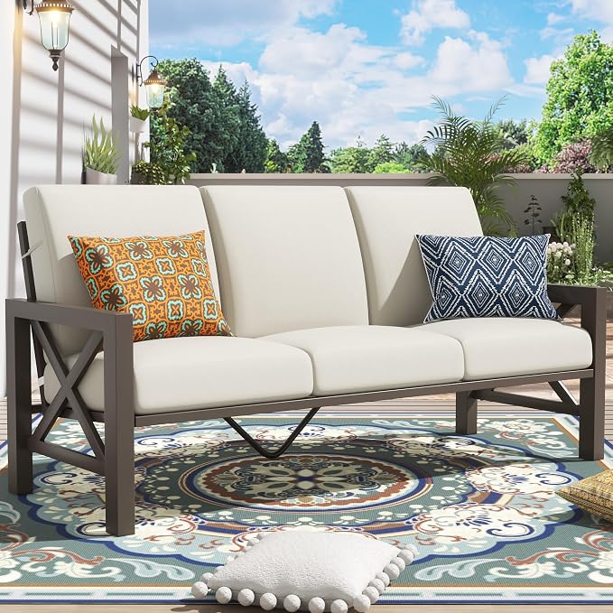 NATURAL EXPRESSIONS Patio 3 Seater Sofa Patio Furniture Set Outdoor Deep Seating Couch with 6.5'' Thick Olefin Cushion,High Back Metal Frame for Garden,Front Porch, Deck, Balcony, Backyard