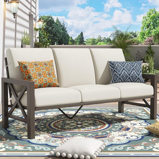 NATURAL EXPRESSIONS Patio 3 Seater Sofa Patio Furniture Set Outdoor Deep Seating Couch with 6.5'' Thick Olefin Cushion,High Back Metal Frame for Garden,Front Porch, Deck, Balcony, Backyard