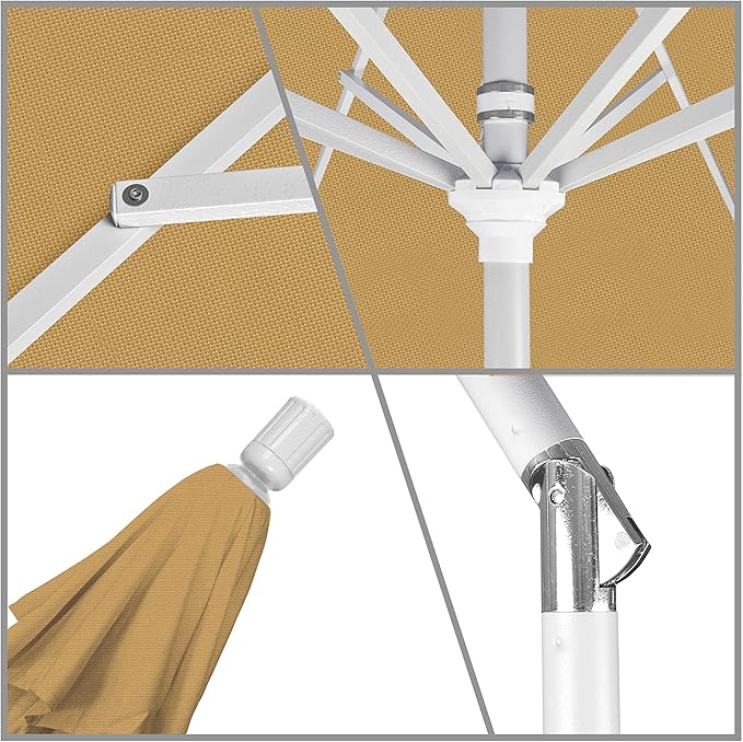 California Umbrella 9' Round Aluminum Market Umbrella, Crank Lift, Collar Tilt, White Pole, Champagne Olefin