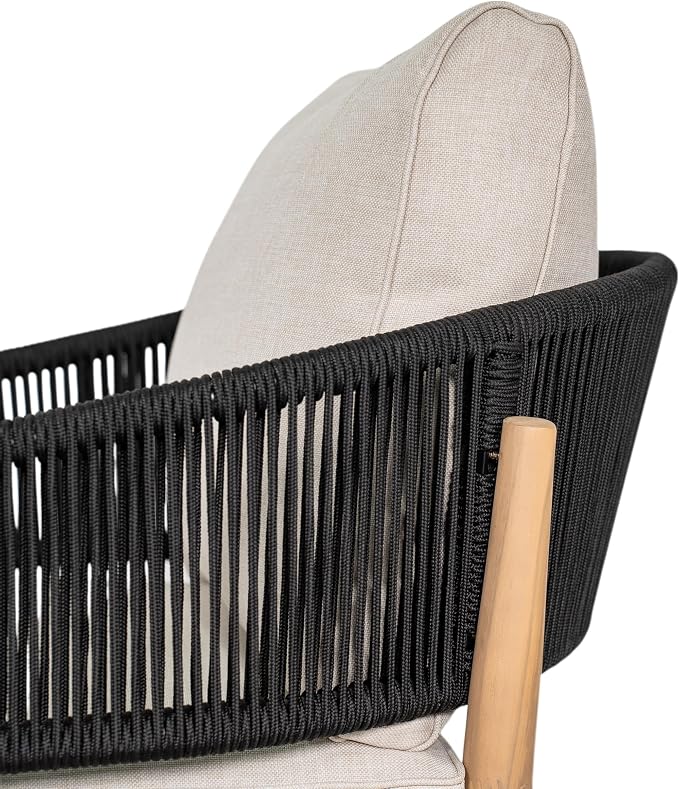 Christopher Knight Home Naomi Set of 2 Patio Acacia Wood Club Chair with Cushions, Handwoven Rope Lounge Chair Outdoor for Porch/Backyard, Stylish Garden Seating with Curved Backrest, Beige + Black