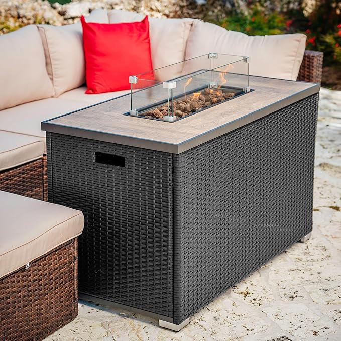 Nestl 43 Inch Fire Pit for Outdoor - 50,000 BTU Outdoor Propane Fire Pit Table with Lid, Rain Cover & Lava Rocks - Patio Fire Pit Table with Tempered Glass for Backyard Gatherings - Grey