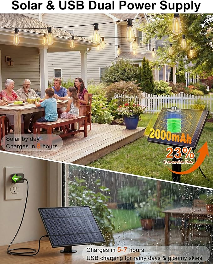 Solar String Lights Outdoor Waterproof, 54FT Patio Lights Solar Powered with Remote & USB, 10 Brightness Levels & Timer, 3 Light Modes, 15+1 ST38 LED Shatterproof Bulbs for Backyard, Camping