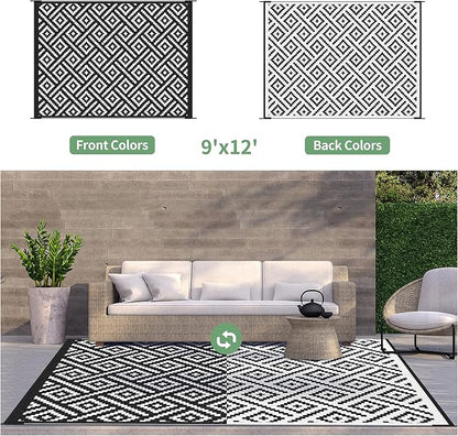 GENIMO Outdoor Rug, Waterproof Plastic Rugs 9'x12' for Camping Black White | Outside Larger Modern Carpet Mat for Porch Decor, Deck, Balcony, Camping, RV, Backyard, Picnic, Beach, Reversible, Foldable