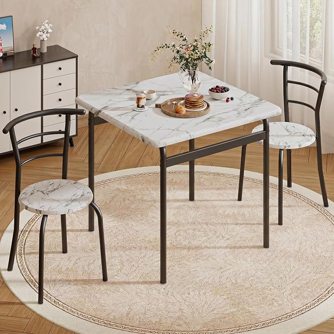 VECELO 3-Piece Dining Table Set for Kitchen Breakfast Nook, Faux Marble Square Tabletop and Metal Frame, for Small Spaces, White & Black