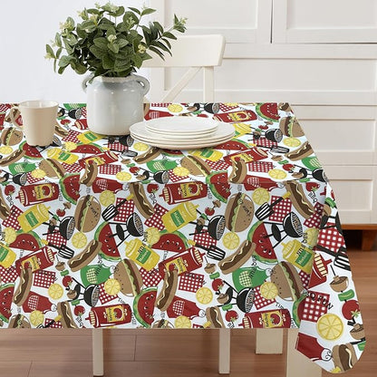 Newbridge Summer Memories Vinyl Tablecloth, 60 Inch x 84 Inch Oval | Retro Barbeque Print, Flannel Backing, Kitschy Nostalgic BBQ Print, Easy Care Indoor Outdoor Table Cover