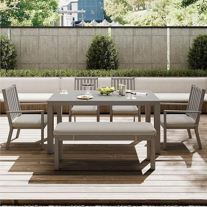 RoyalCraft Aluminum 6 Pieces Patio Dining Sets, Outdoor Dining Table with 4 Chairs and Bench, Outdoor Patio Dining Furniture Set with Removable Cushion for Lawn, Garden, Backyard, Gray
