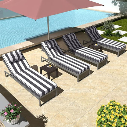 Chaise Lounge Cushions Outdoor Set of 2 Lounge Chair Cushion 72" L x 21" W with Headrest Straps 3'' Thick Waterproof Patio Chaise Cushions Pool Lounger Chair Cushion(Black Stripe)