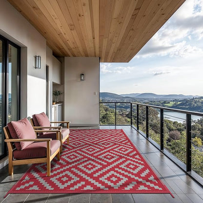 GENIMO Outdoor Rug, Waterproof Plastic Rugs for Patio, 6'x9' Red Grey | Outside Larger Modern Carpet Mat for Porch Decor, Deck, Balcony, Camping, RV, Backyard, Picnic, Beach, Reversible, Foldable