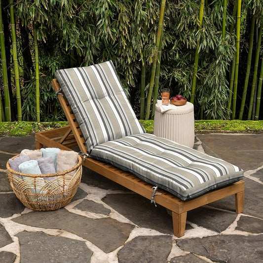 Arden Outdoor Tufted Chaise Cushion, earthFIBER, 22x76, Taupe Grey Stripe | Plush Comfort, Modern Tuft, Lounge Cushion, Rain-Proof, Fade Resistant, Cushion for Chaise Lounger, Mold and Mildew Resistant