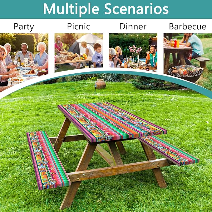 Mexican Fiesta Picnic Table Cover with Bench Covers and Bag, Camping Essentials, Cinco De Mayo Printed Table Cloth Waterproof Fitted Tablecloth Cover with Elastic Edge for Outdoor 3 PCS 30x96 Inch