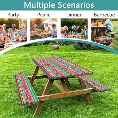 Mexican Fiesta Picnic Table Cover with Bench Covers and Bag, Camping Essentials, Cinco De Mayo Printed Table Cloth Waterproof Fitted Tablecloth Cover with Elastic Edge for Outdoor 3 PCS 30x60 Inch
