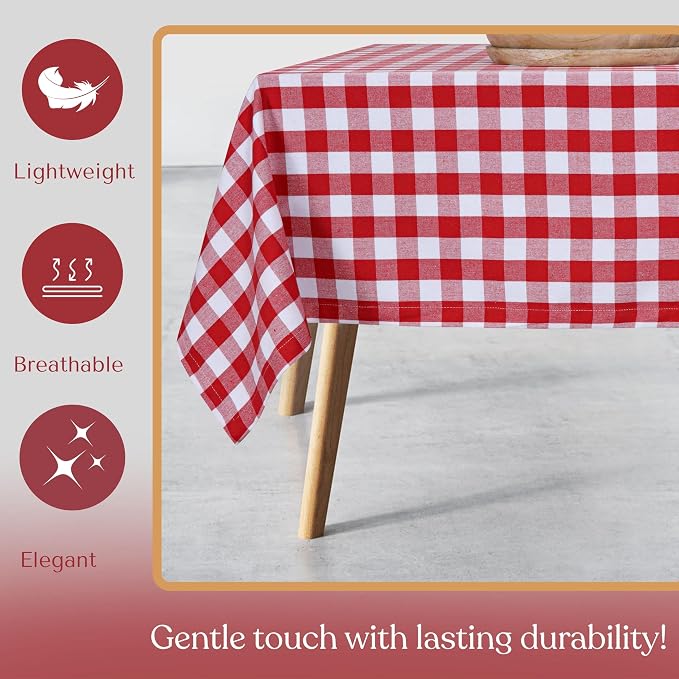 Gingham Checkered Tablecloth 52x70 Inch, 100% Cotton, Classic Check Pattern, Washable Table Cover for Farmhouse Decor, Picnics, Holiday Meals, Party, Everyday Dining, Red White