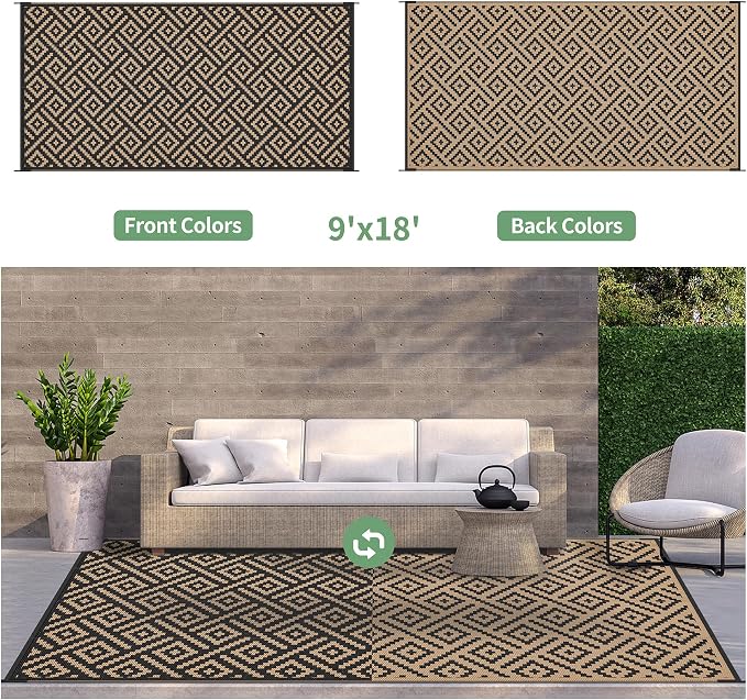 GENIMO Outdoor Rug, Waterproof Plastic Rugs 9'x18' for Camping Black Brown | Outside Larger Modern Carpet Mat for Patio Decor, RV, Porch, Camper, Deck, Picnic, Beach, Backyard, Reversible, Foldable