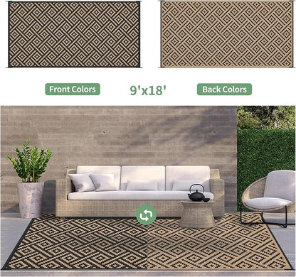 GENIMO Outdoor Rug, Waterproof Plastic Rugs 9'x18' for Camping Black Brown | Outside Larger Modern Carpet Mat for Patio Decor, RV, Porch, Camper, Deck, Picnic, Beach, Backyard, Reversible, Foldable
