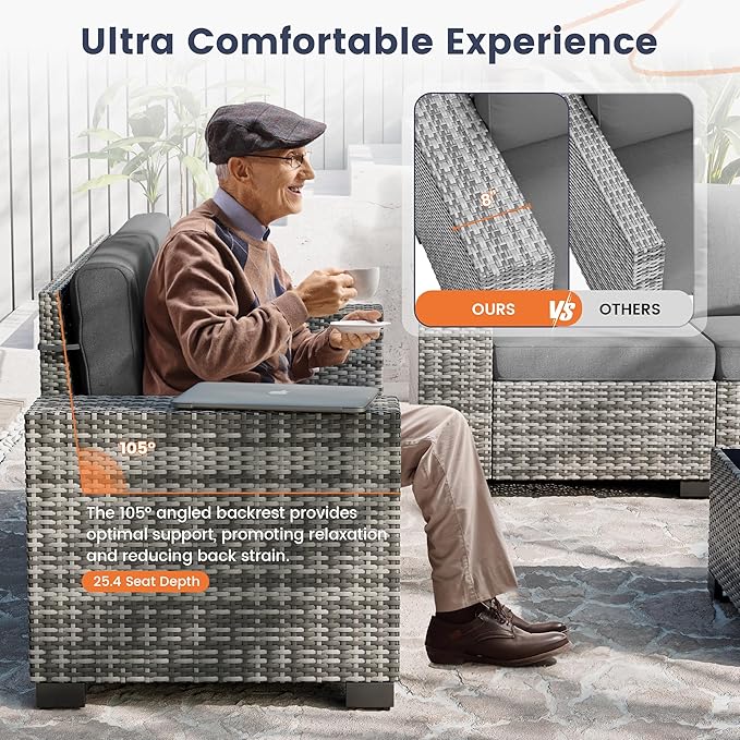 UDPATIO Patio Furniture Set, 8 Inch Armrest Outdoor Sectional Sofa, 6 Piece Wicker Outdoor Furniture Conversation Sets with Waterproof Cover and Coffee Table for Backyard Deck(Grey/Dark Grey)
