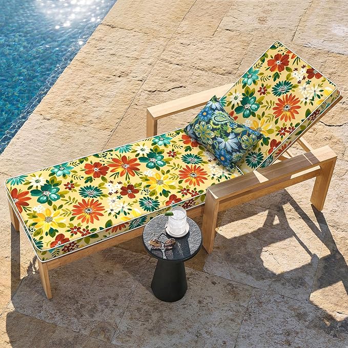 LVTXIII Outdoor Chaise Lounge Cushion 72x21x3 Inch, Water-Repellent Patio Seat Cushion with Ties & Hidden Zipper, Thick Foam Pad for Lawn Chair, Poolside, Patio Furniture, Floral Multi