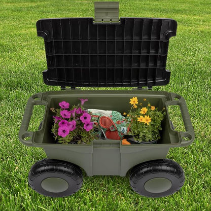 Pure Garden Rolling Garden Cart with Seat, Green | Plastic Garden Bench with Interior Tool Tray for Storage - Gardening Stool for Weeding and Planting
