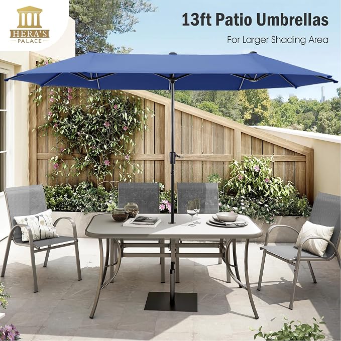 HERA'S PALACE 13 ft Large Patio Umbrella, Double-Sided Twin, Outdoor Market Umbrella with Crank Handle, Powerful UV Protective, Haze Blue