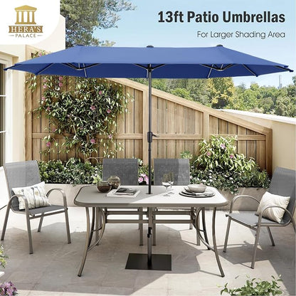 HERA'S PALACE 13 ft Large Patio Umbrella, Double-Sided Twin, Outdoor Market Umbrella with Crank Handle, Powerful UV Protective, Haze Blue
