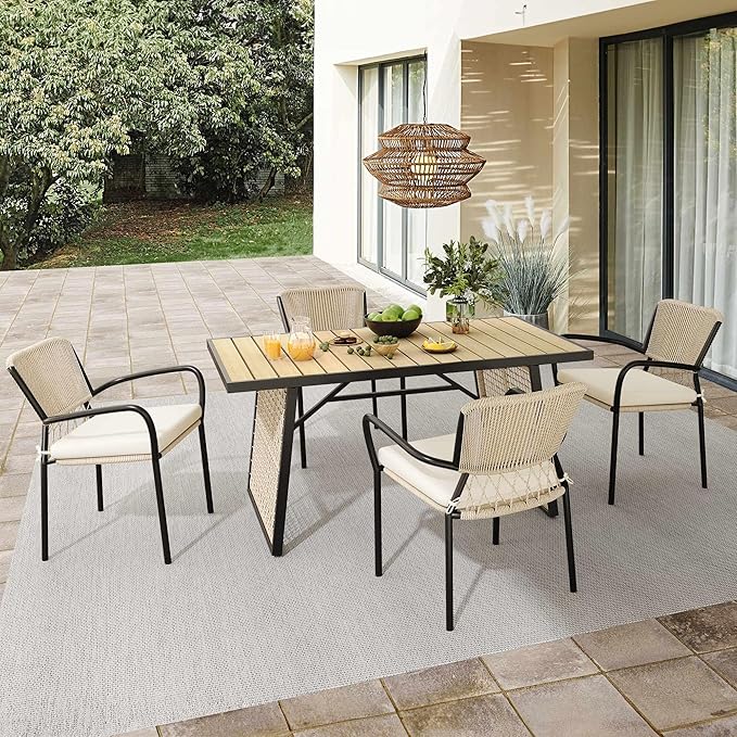YITAHOME Outdoor Patio Dining Table for 4-6, Rectangular Table with Faux Wood Tabletop, Outside Table for Patio Balcony Porch Poolside - Black & Nature Wood