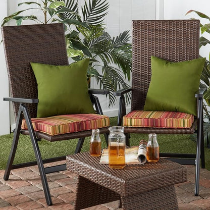 Outdoor 18 inch Square Patio Dining Chair Pads – Comfortable Fiber-Filled Seat Cushions with Ties, Reversible Polyester Fabric - Kinnabari Stripe, Set of 4