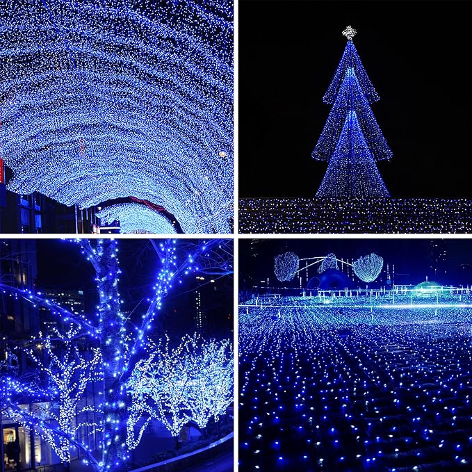 kemooie 500 LED Blue and White Christmas Lights, 164FT 8 Lighting Mode with Memory Plug in Christmas Tree Lights, for Outdoor Birthday Christmas Party Garden Balcony Decorations (Blue and White)