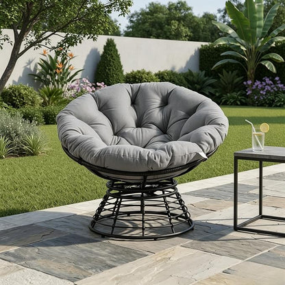 Cushion Papasan Swivel Chair, Ergonomic Wicker Round Chair with Thick Padding, Oversized Swivel Wicker Accent Chairs for Living Room, Bedroom, Reading Room, Balcony, Brown Frame, Gray