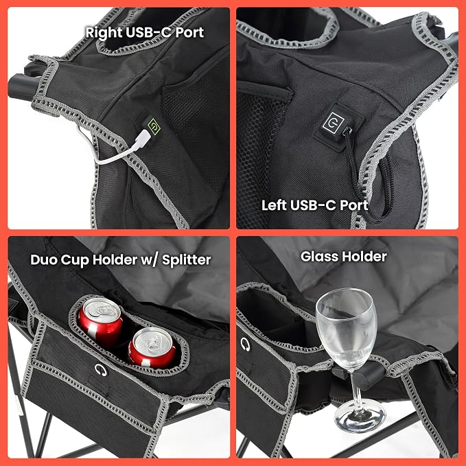 ARROWHEAD OUTDOOR Wide Duo Foldable Heated Camping Loveseat Chair, Black | 57 in, 3-Stage Heating, Large Cup Holders, Glass Holders, Side Pockets, and Storage Pouches, and Grey, Beach, Tailgating