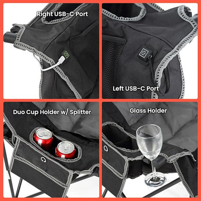 ARROWHEAD OUTDOOR Wide Duo Foldable Heated Camping Loveseat Chair, Black | 57 in, 3-Stage Heating, Large Cup Holders, Glass Holders, Side Pockets, and Storage Pouches, and Grey, Beach, Tailgating