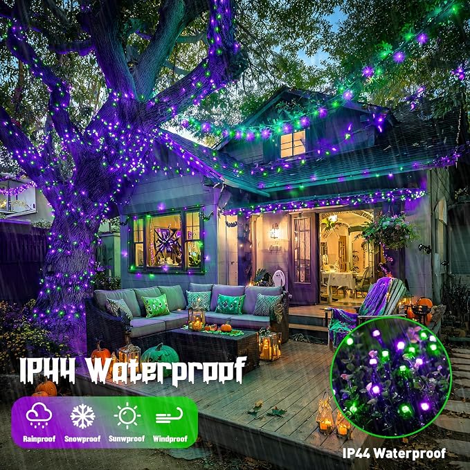 JMEXSUSS 250 LED Halloween Lights Plug in, Purple and Green String Light | Connectable, Durable, Indoor/Outdoor, Waterproof, 8 Modes, Timer, for Halloween Tree Party Garden Patio Decorations