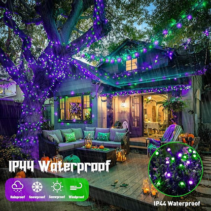 JMEXSUSS 250 LED Halloween Lights Plug in, Purple and Green String Light | Connectable, Durable, Indoor/Outdoor, Waterproof, 8 Modes, Timer, for Halloween Tree Party Garden Patio Decorations